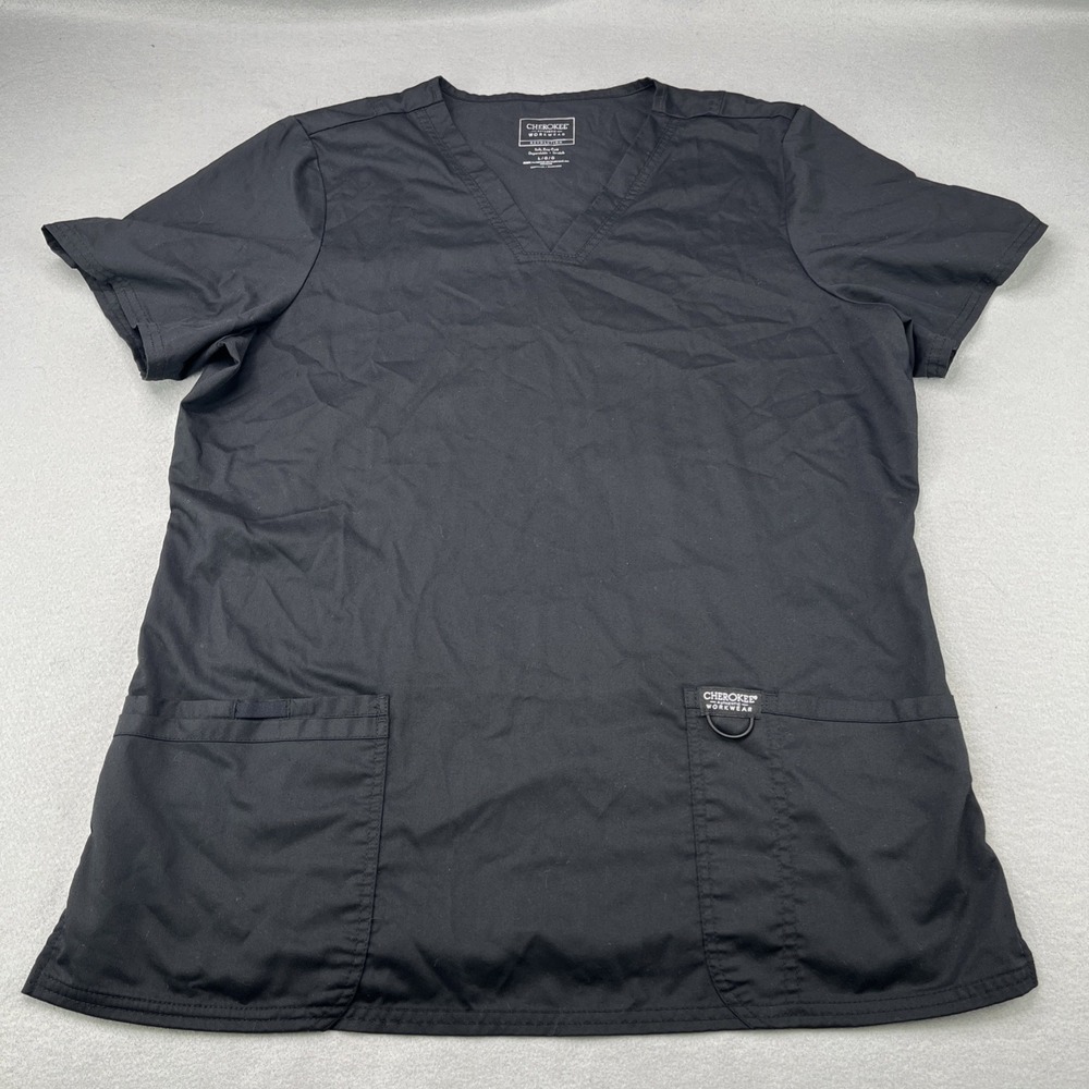 Cherokee Scrub Top Womens Large Black Medical V-neck Front Pockets Stretch